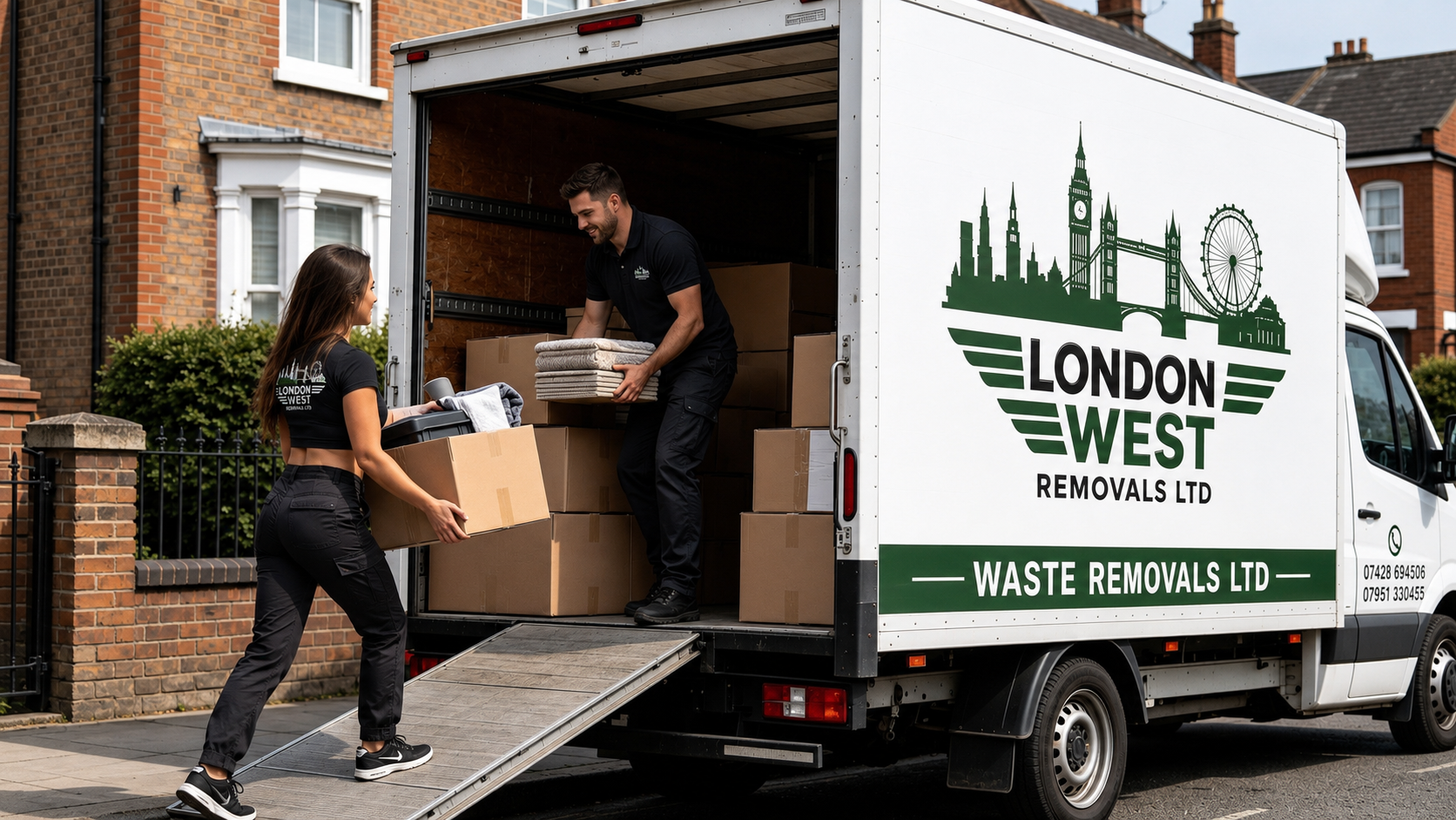 London West Removals LTD team loading a wrapped sofa into their van on a North London street