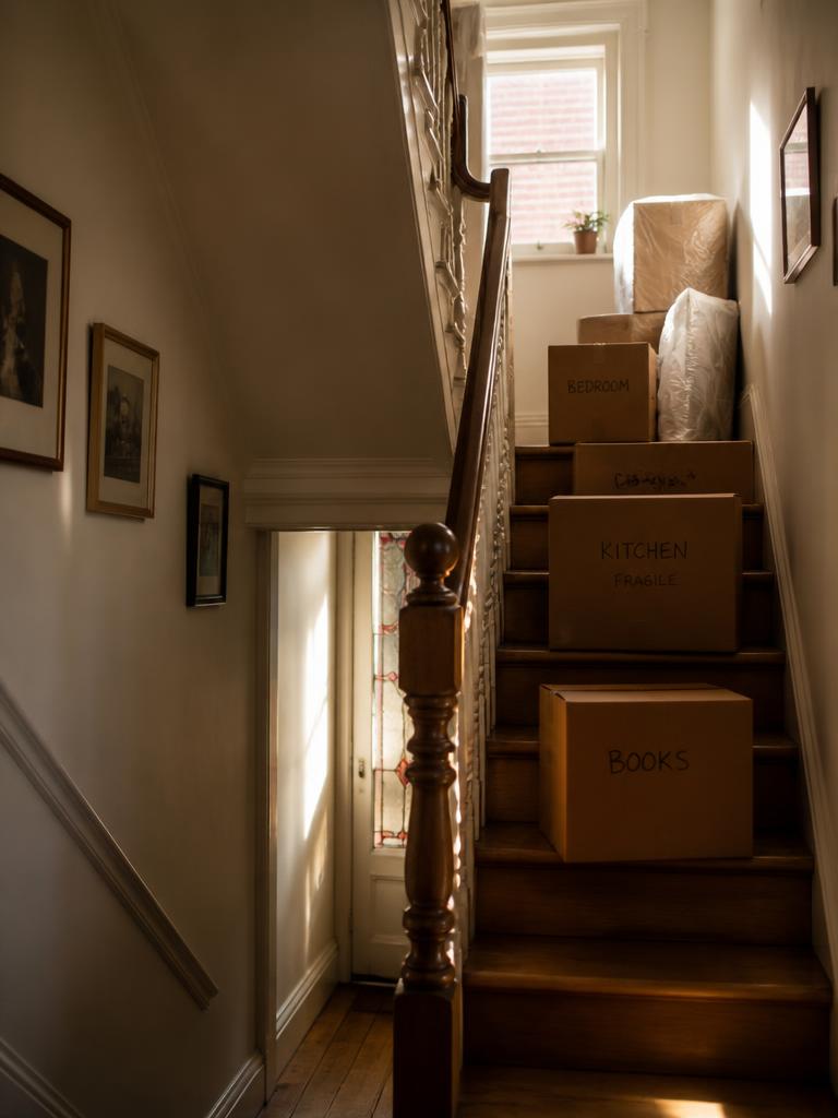Wrapped furniture and moving boxes lining a narrow terraced-house stairwell